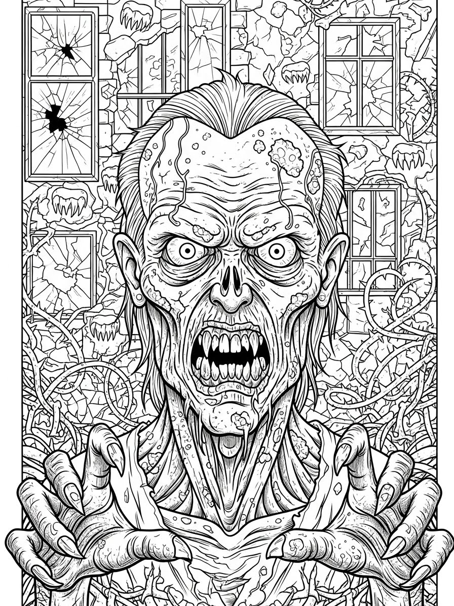 Desenho de Zombi assustador em frente a uma casa velha para colorir