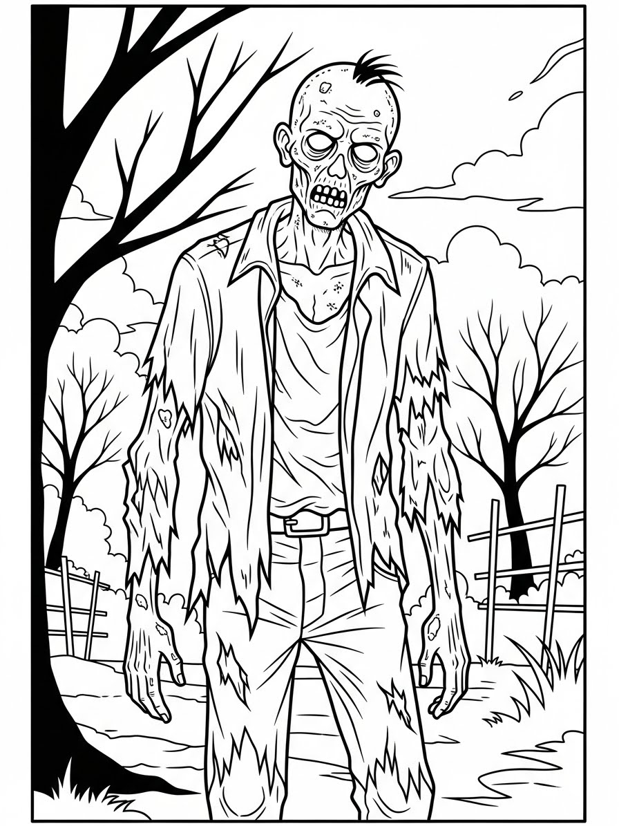 Desenho de Zombi assustador em um cenário de campo para colorir