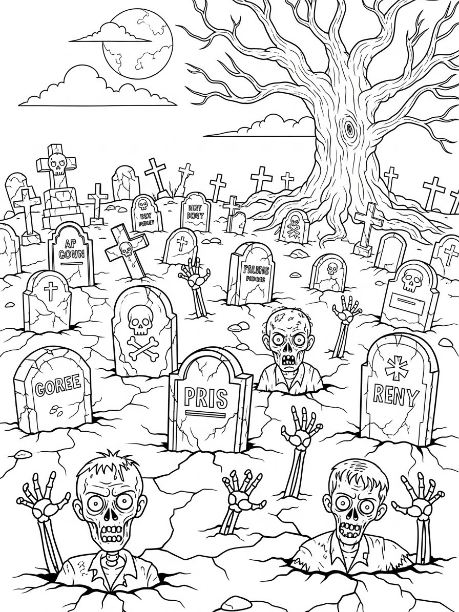 Desenho de Zombi saindo da terra em cemitério para colorir