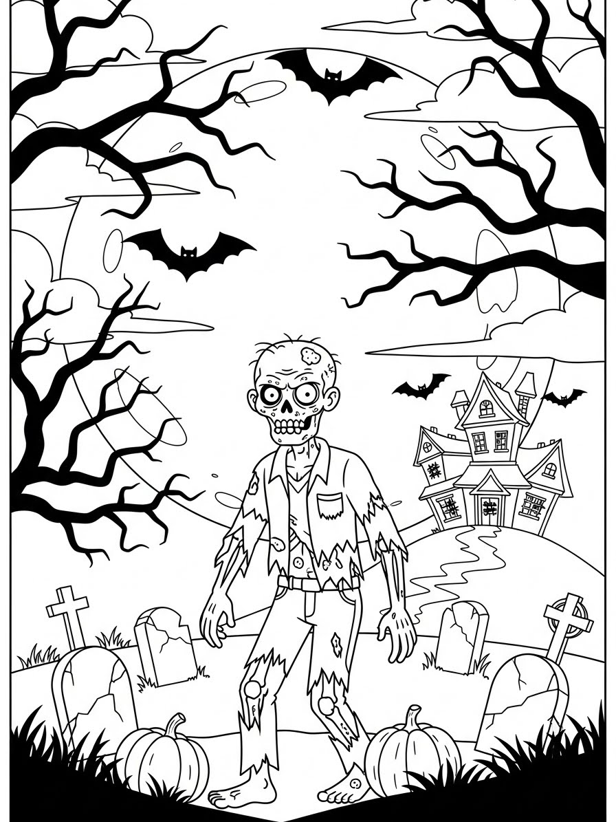 Desenho de Zombi em um cemitério para colorir