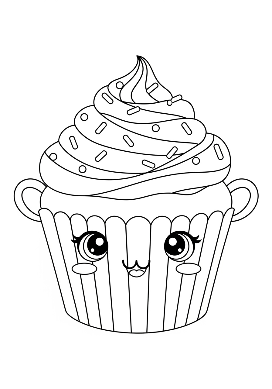 Desenho kawaii de cupcake sorridente para colorir