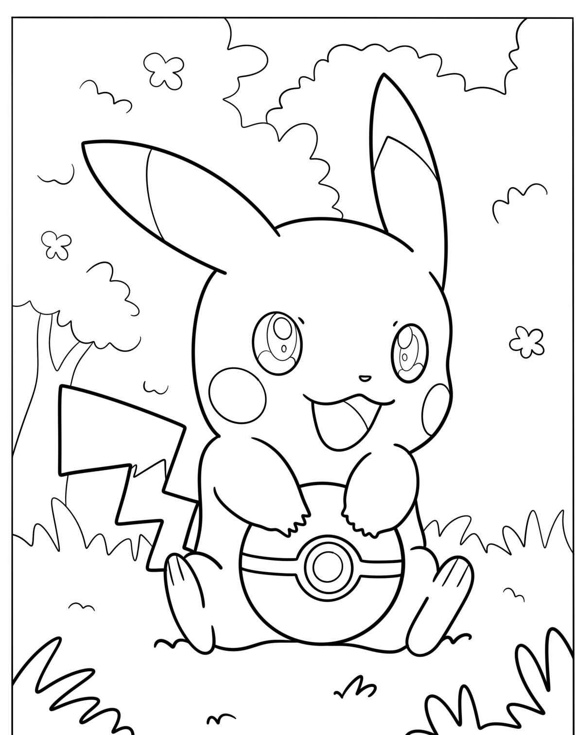 Desenho de Pikachu segurando uma Pokébola para colorir