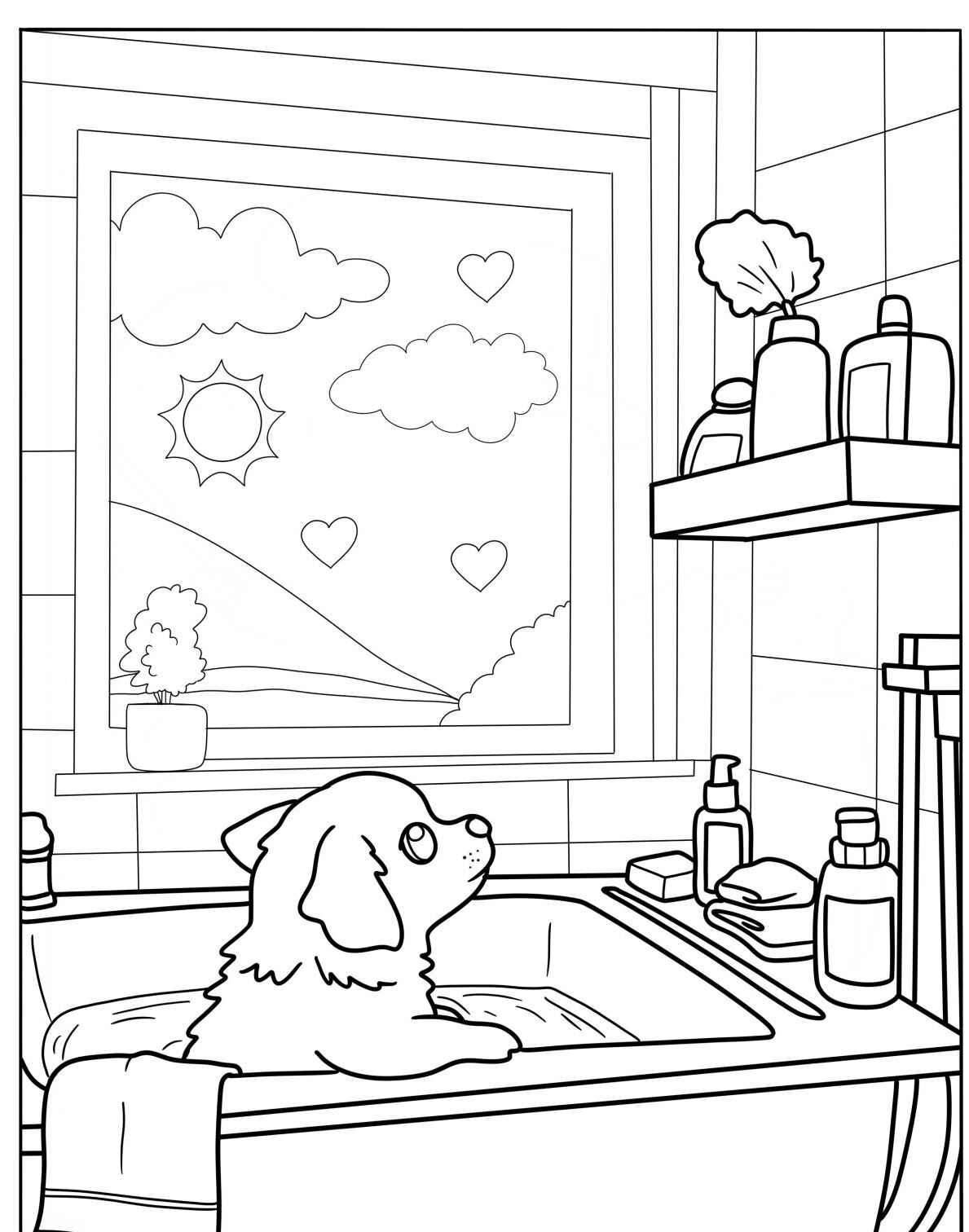 Desenho de cachorro tomando banho com janelas e prateleira