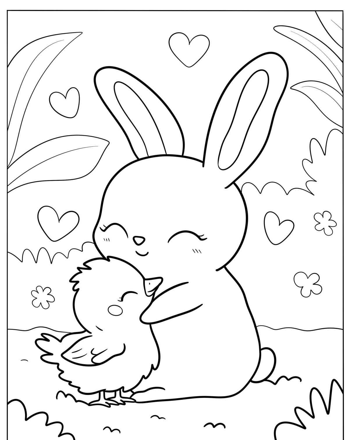 Desenho de Coelho abraçando um Pintinho em um cenário lindo