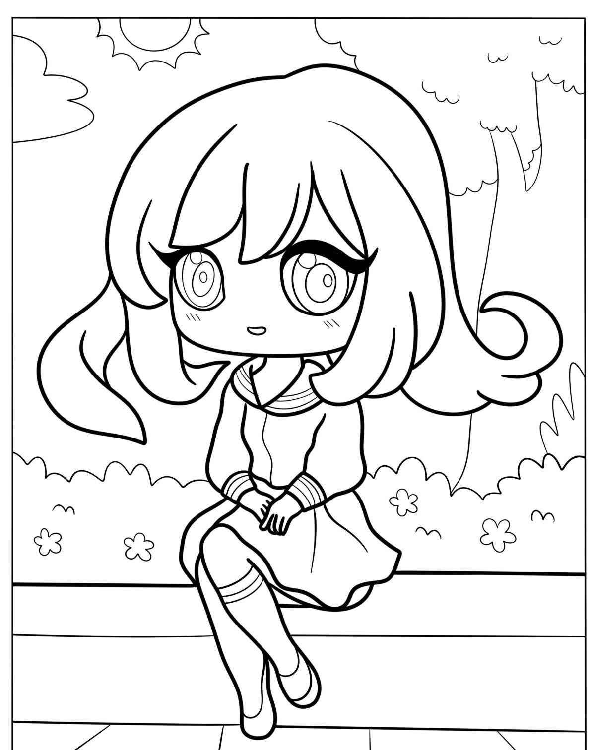 Desenho kawaii de menina sentada em um banco