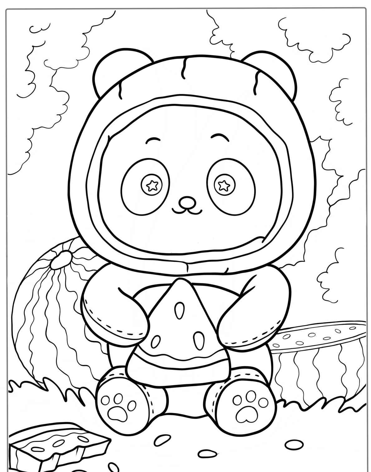 Desenho de Panda fofo segurando uma fatia de melancia