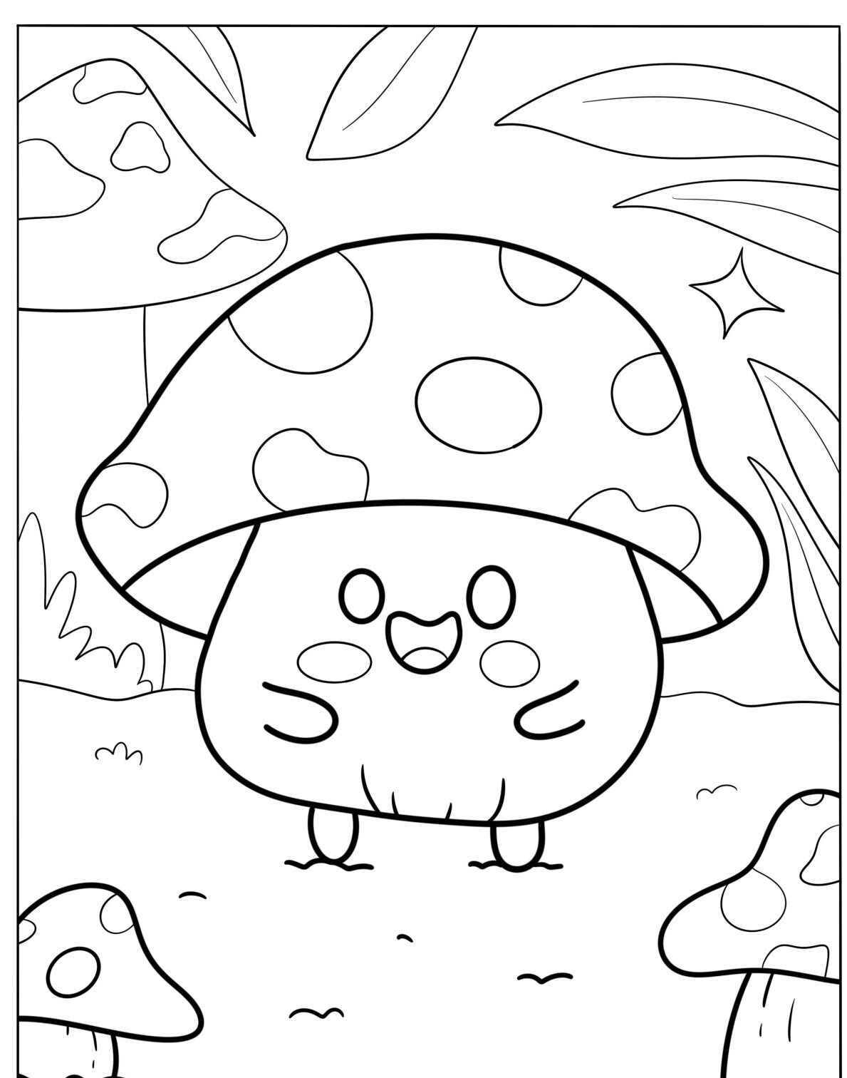 Desenho de cogumelo fofo sorridente em ambiente natural