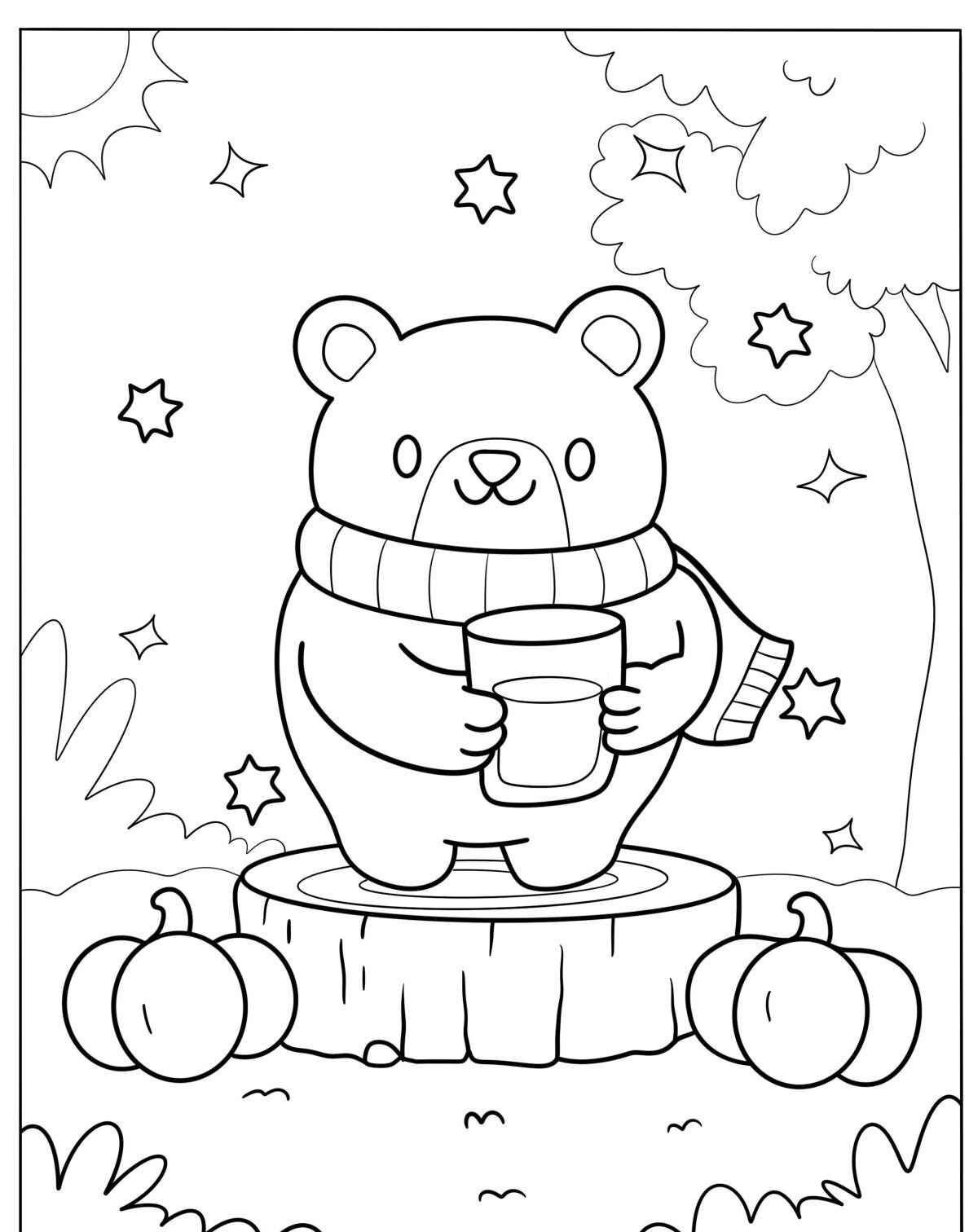 Desenho de Urso segurando um copo em um tronco