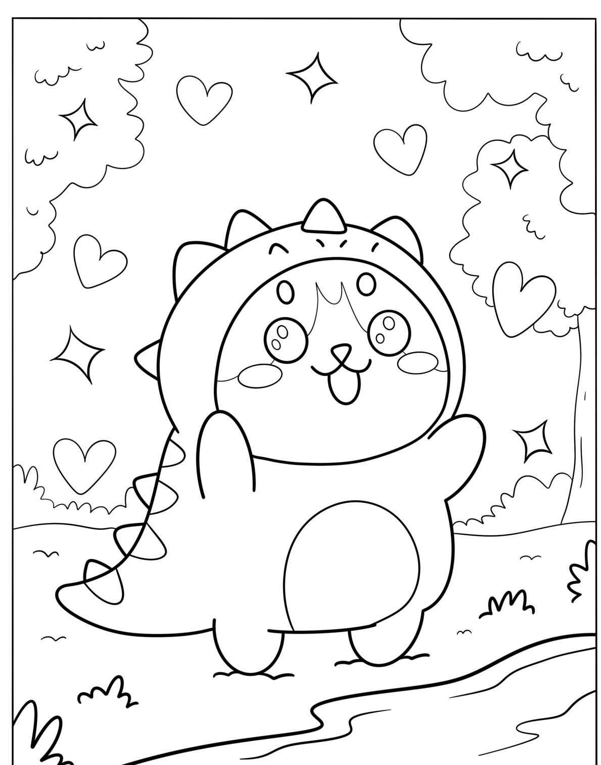 Desenho de personagem fofo vestido de dinossauro para colorir