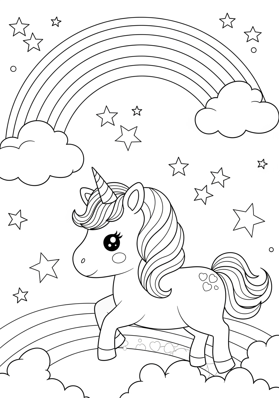 Desenho de unicórnio com arco-íris e estrelas para colorir