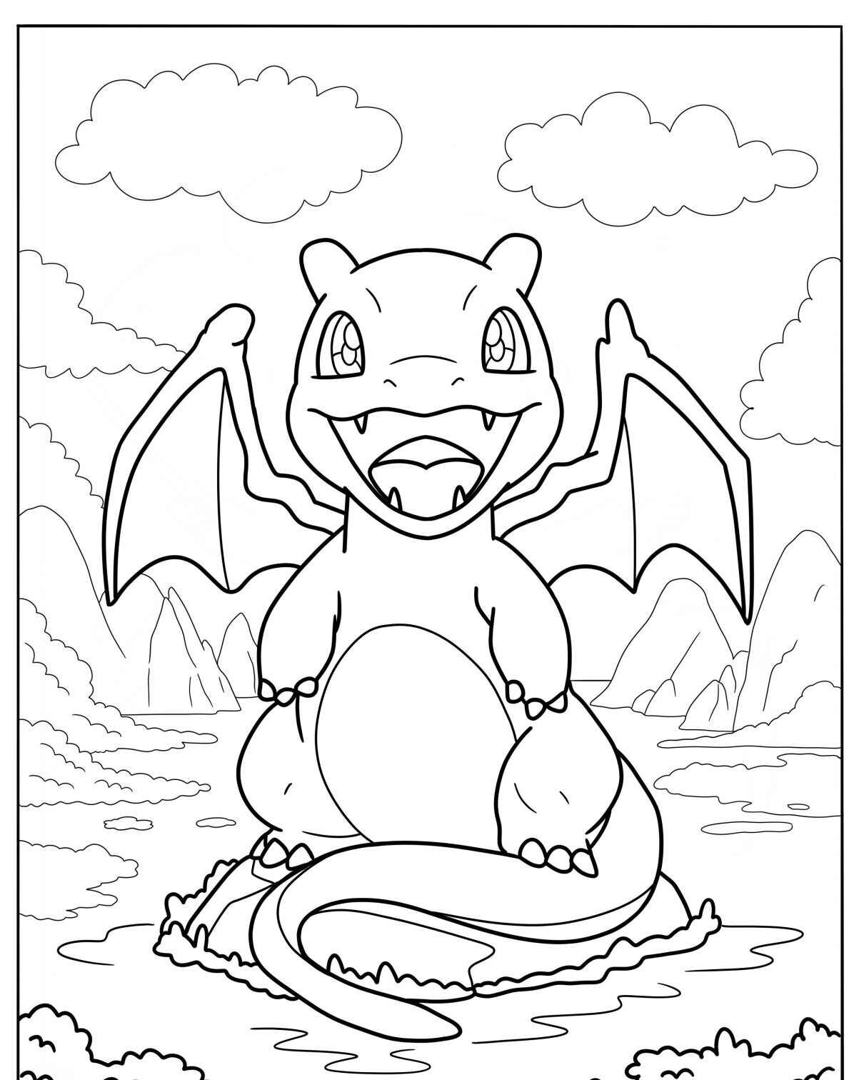 Desenho de Dragão sorridente no lago para colorir