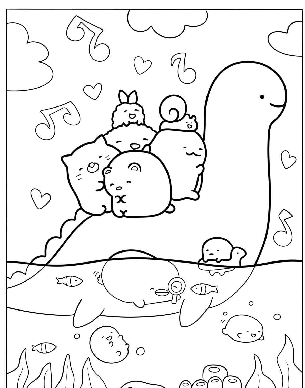 Desenho de criaturas fofas no fundo do mar