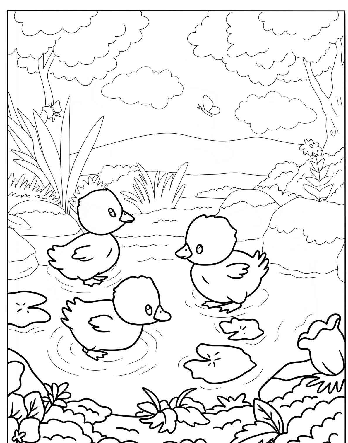 Desenho de patos nadando em um lago para colorir