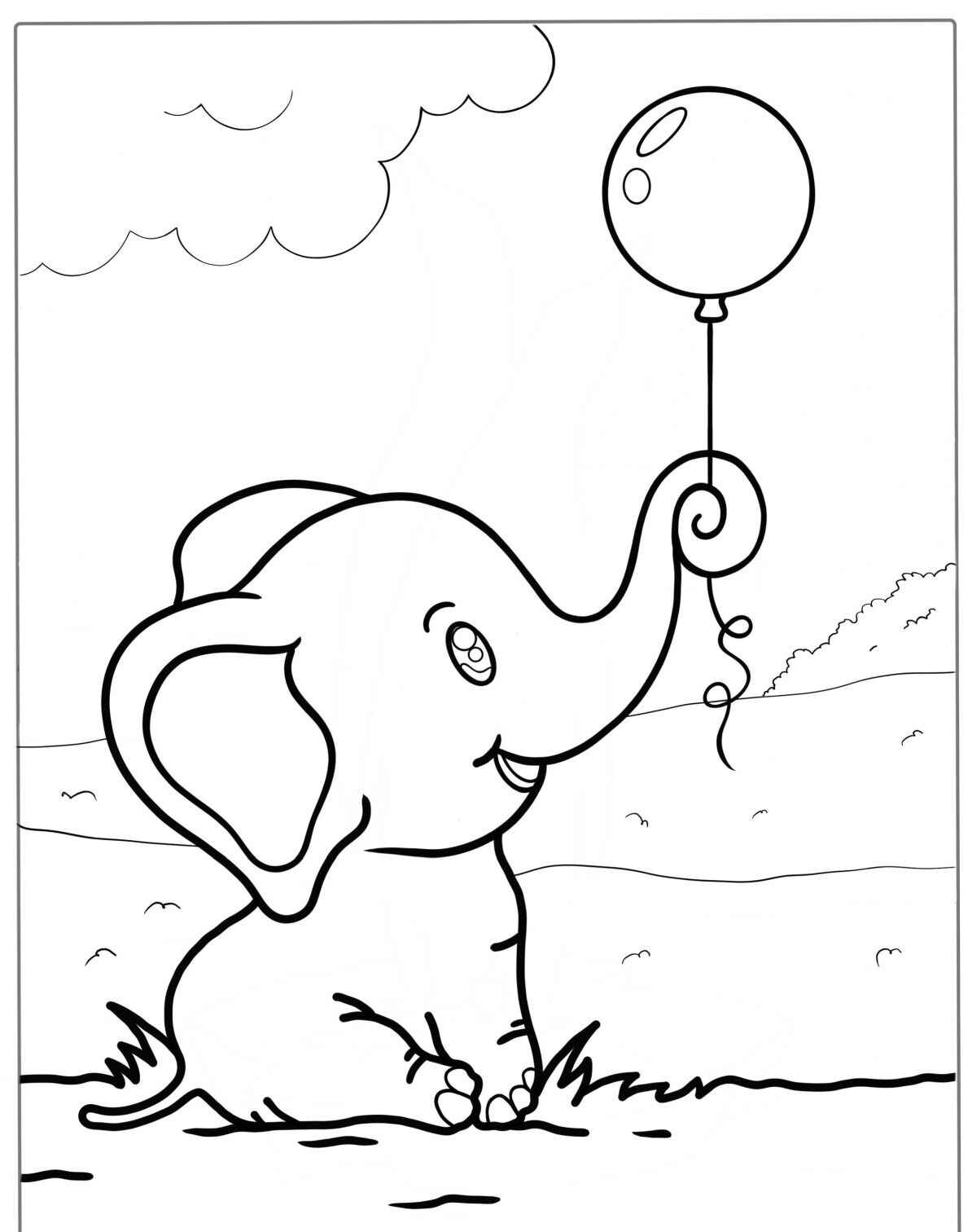 Desenho de Elefante sentado segurando um balão