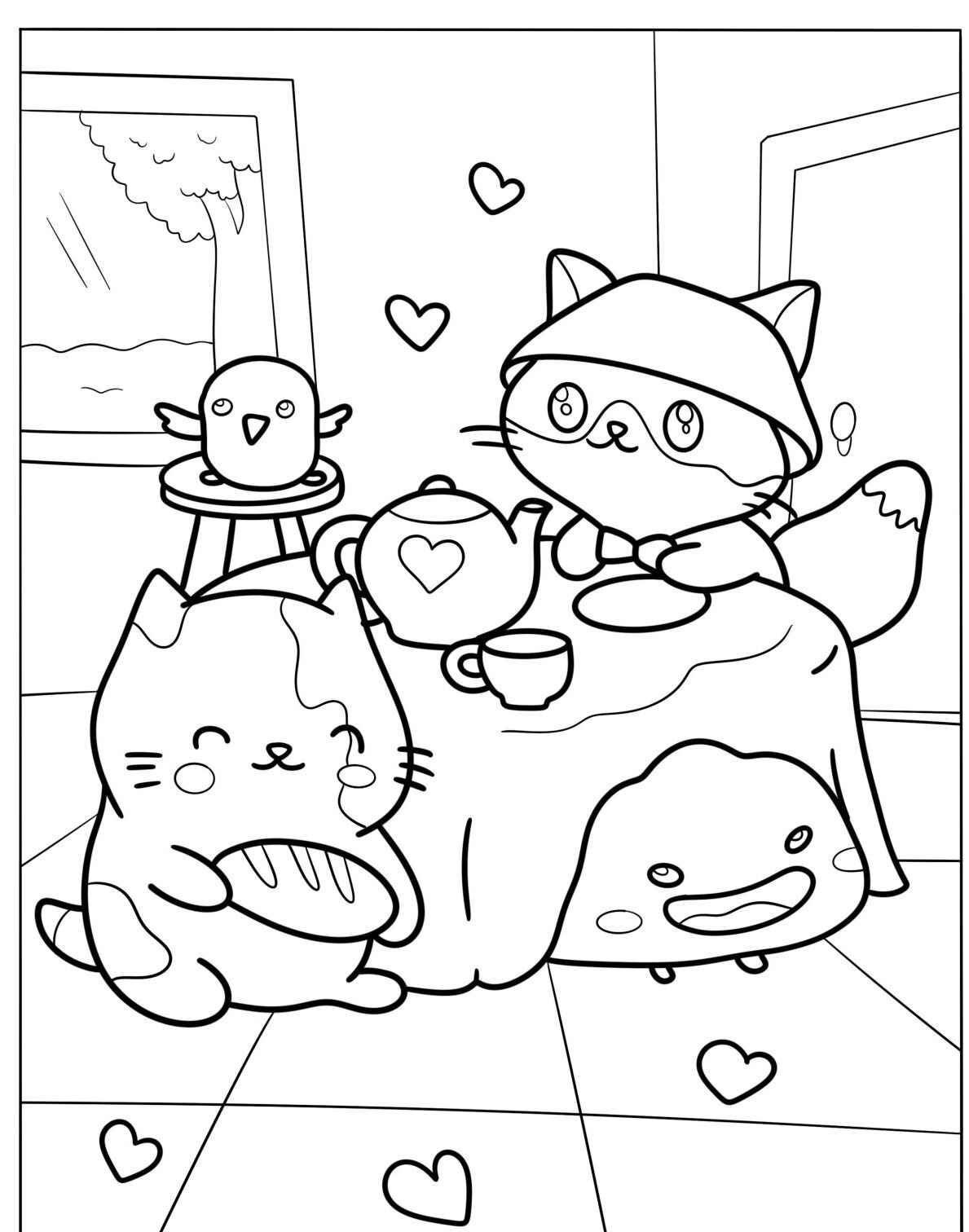 Desenho de gatos fofos tomando chá com corações