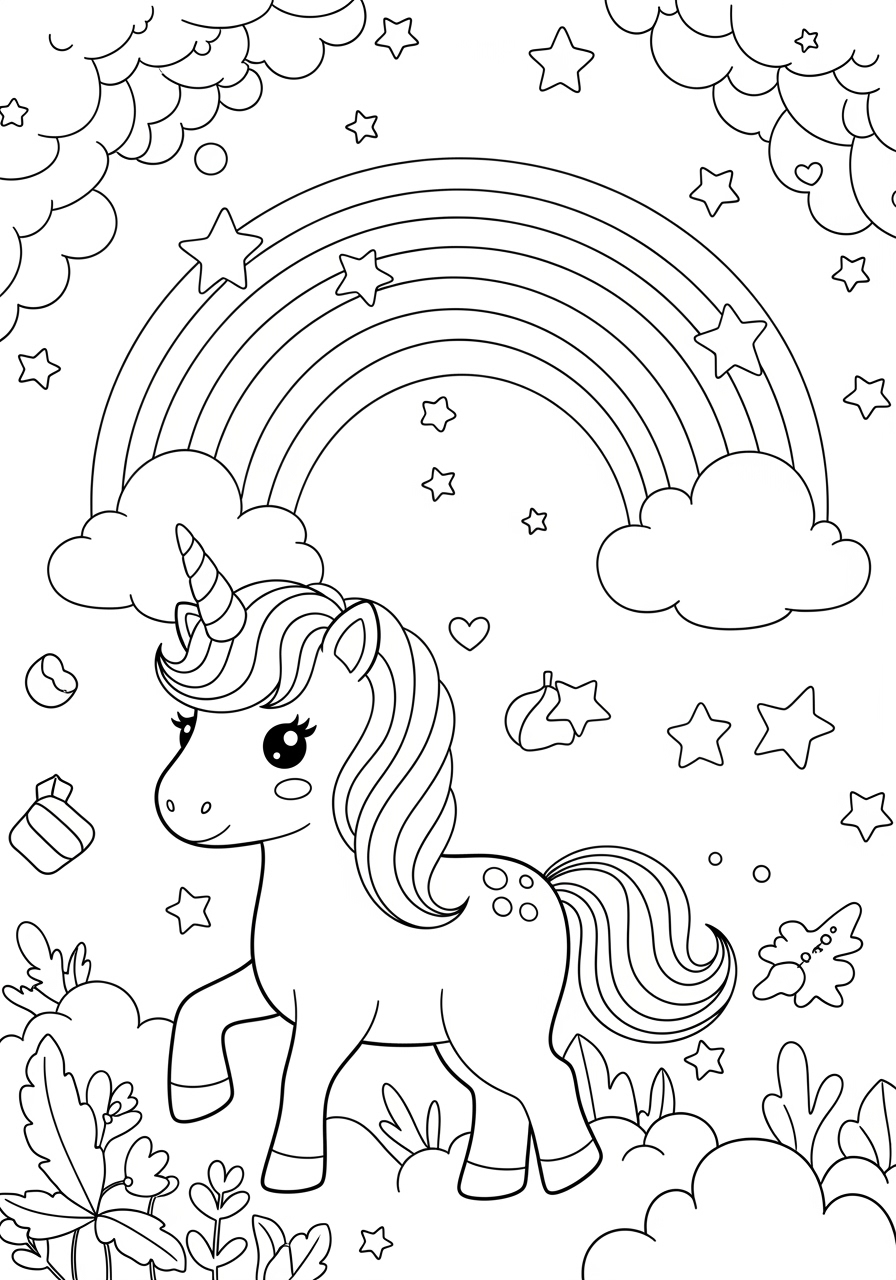 Desenho de Unicórnio entre nuvens e arco-íris