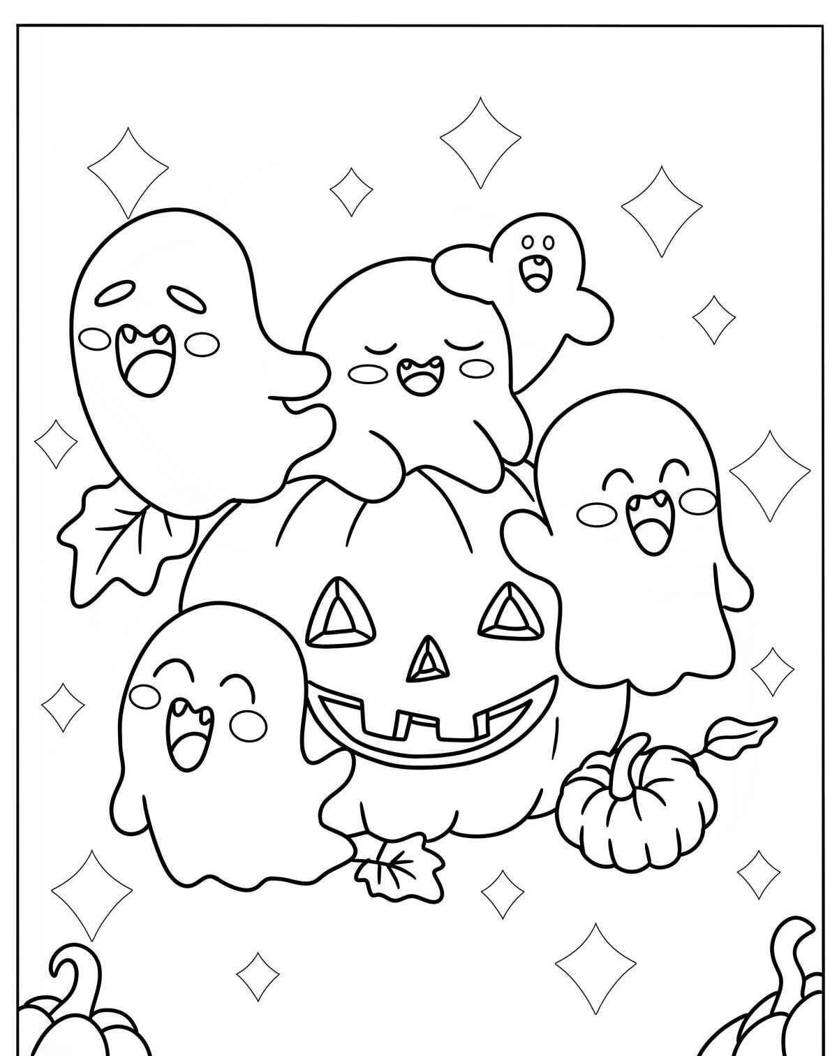 Desenho de fantasmas felizes em torno de uma abóbora