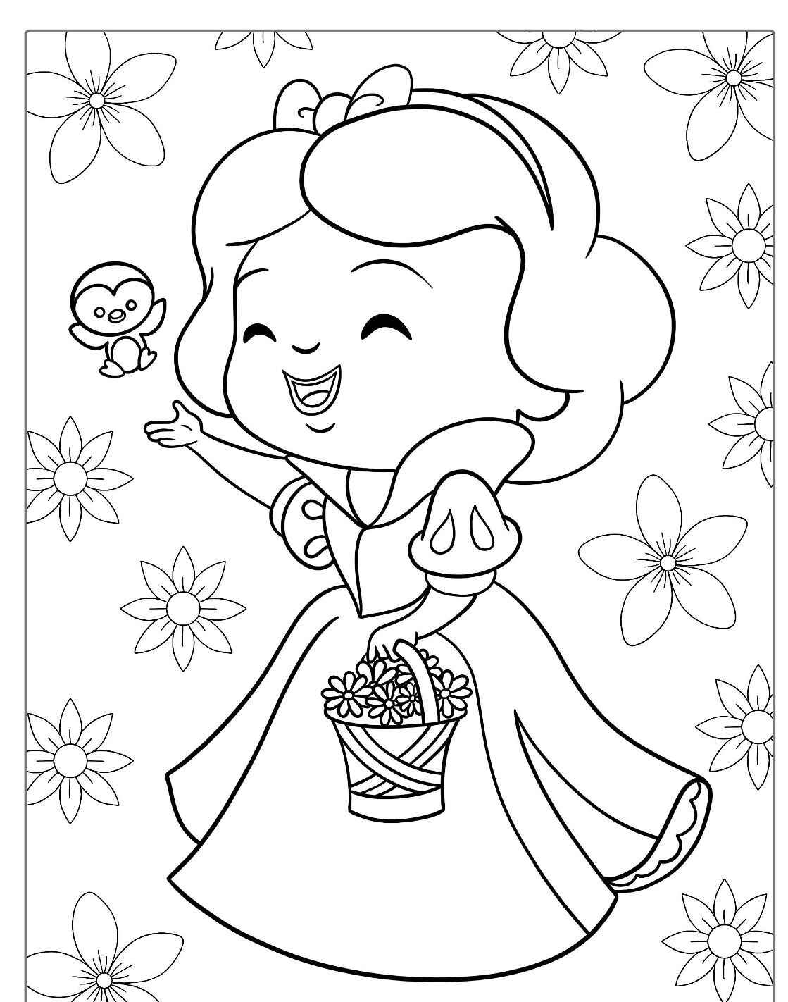 Desenho de menina com vestido e cesta de flores