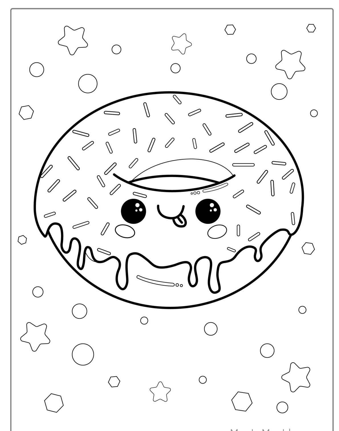 Desenho de donut kawaii com estrelas para colorir