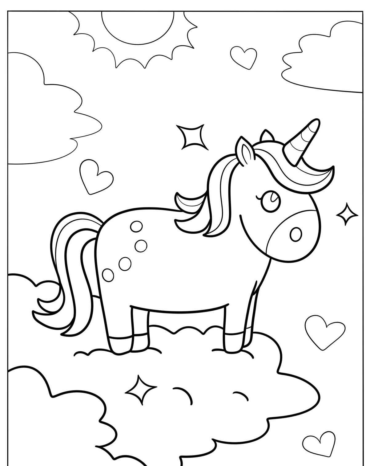 Desenho de Unicórnio em nuvens para colorir