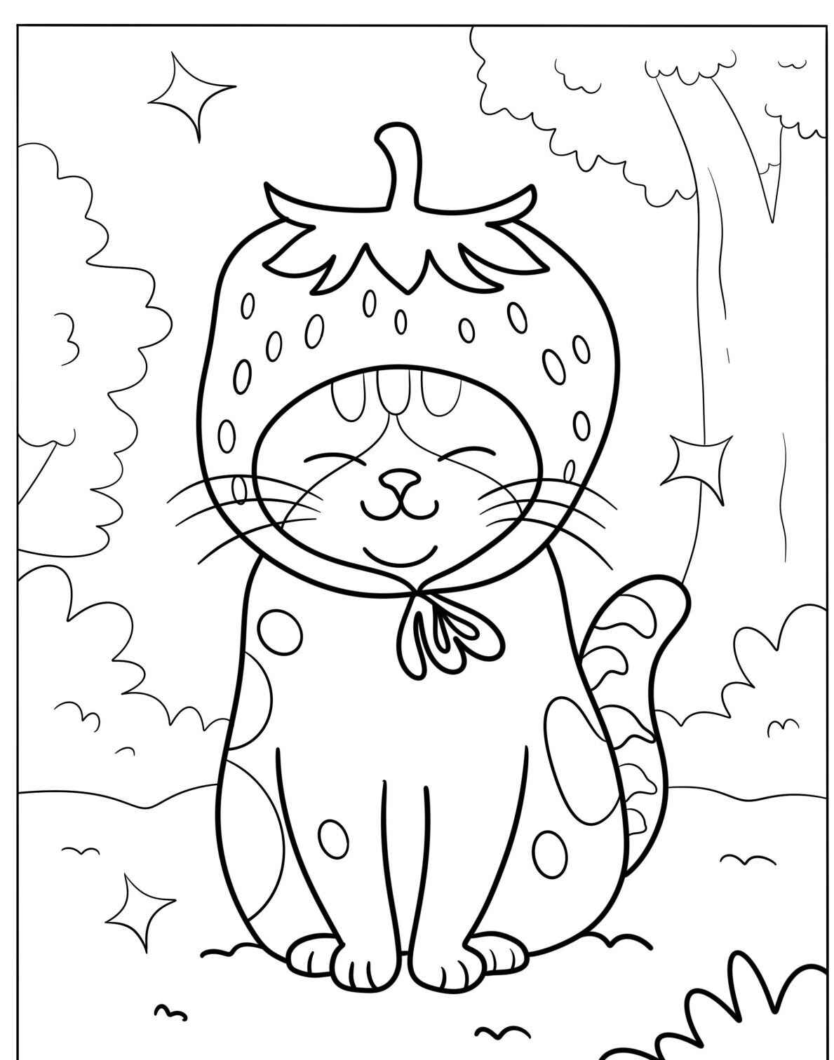 Desenho de Gato com chapéu de morango para colorir