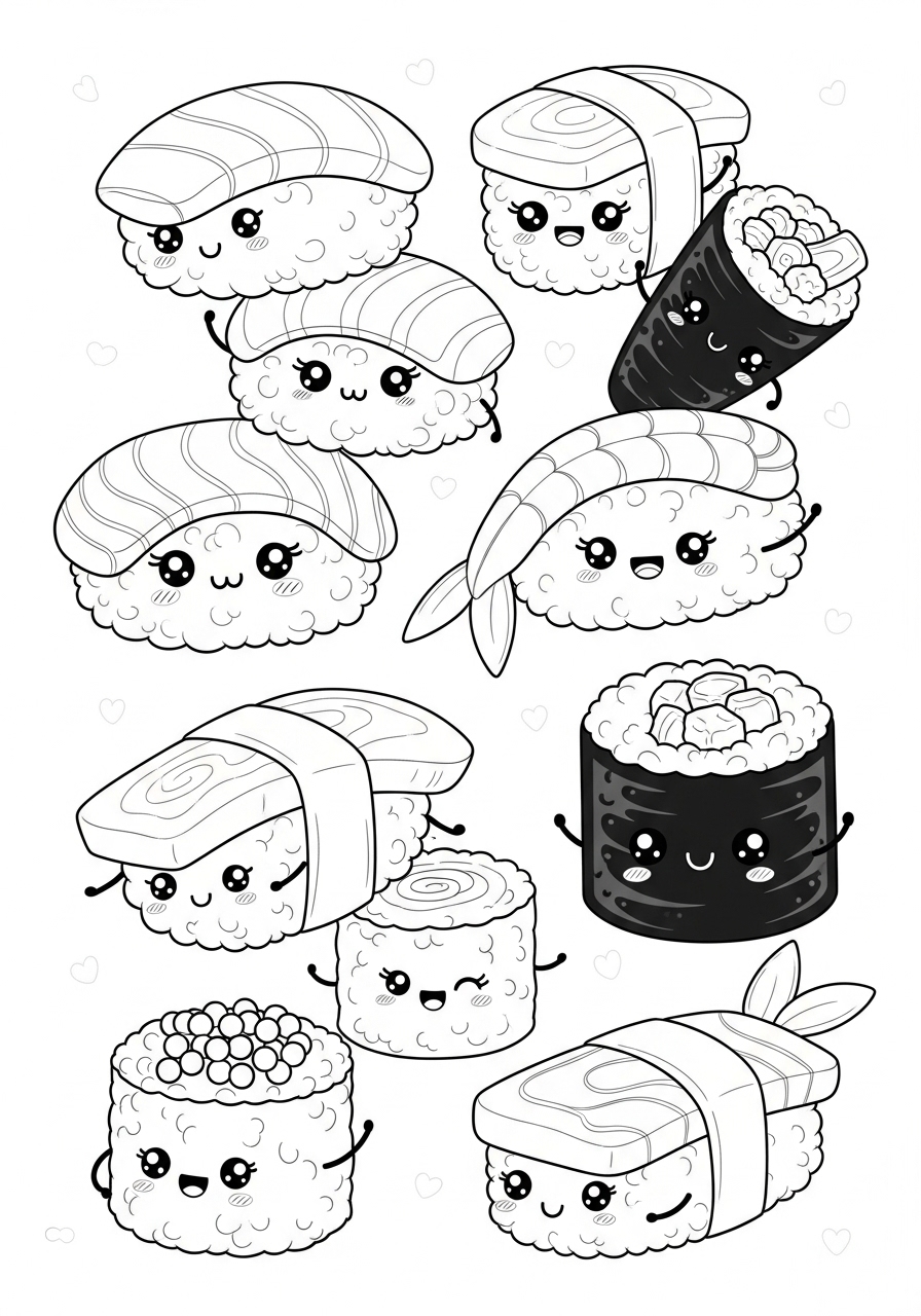 Desenho de sushi kawaii para colorir e imprimir