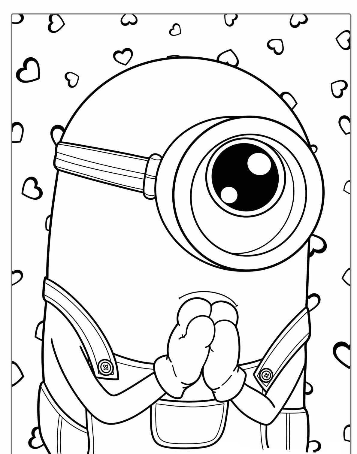 Desenho de Minion com fundo de corações para colorir
