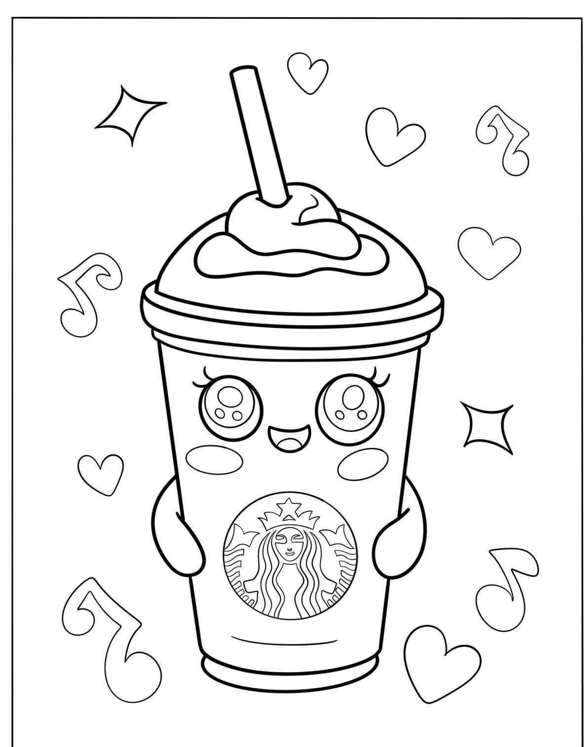 Desenho de copo de bebida com rosto e corações