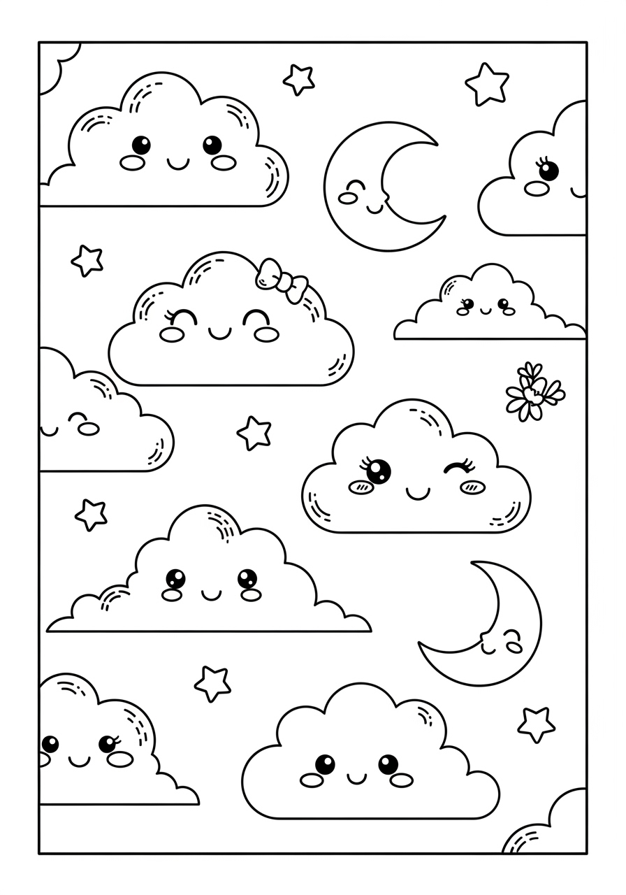 Desenho de nuvens e lua para colorir