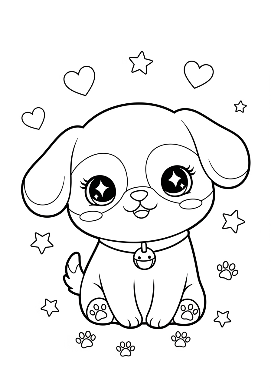 Desenho de cachorro estilizado com olhos grandes e estrelas