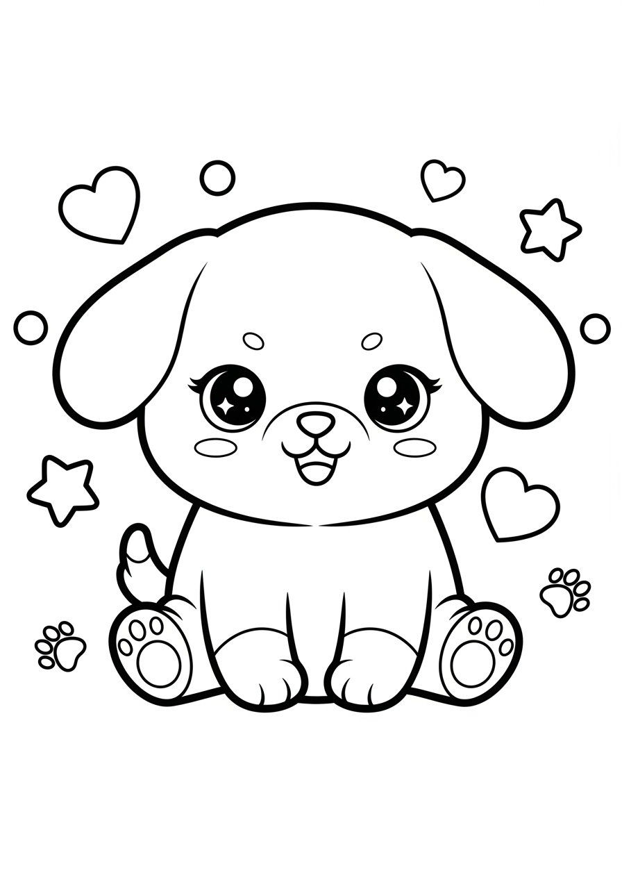 Desenho de Cachorrinho kawaii com corações e estrelas