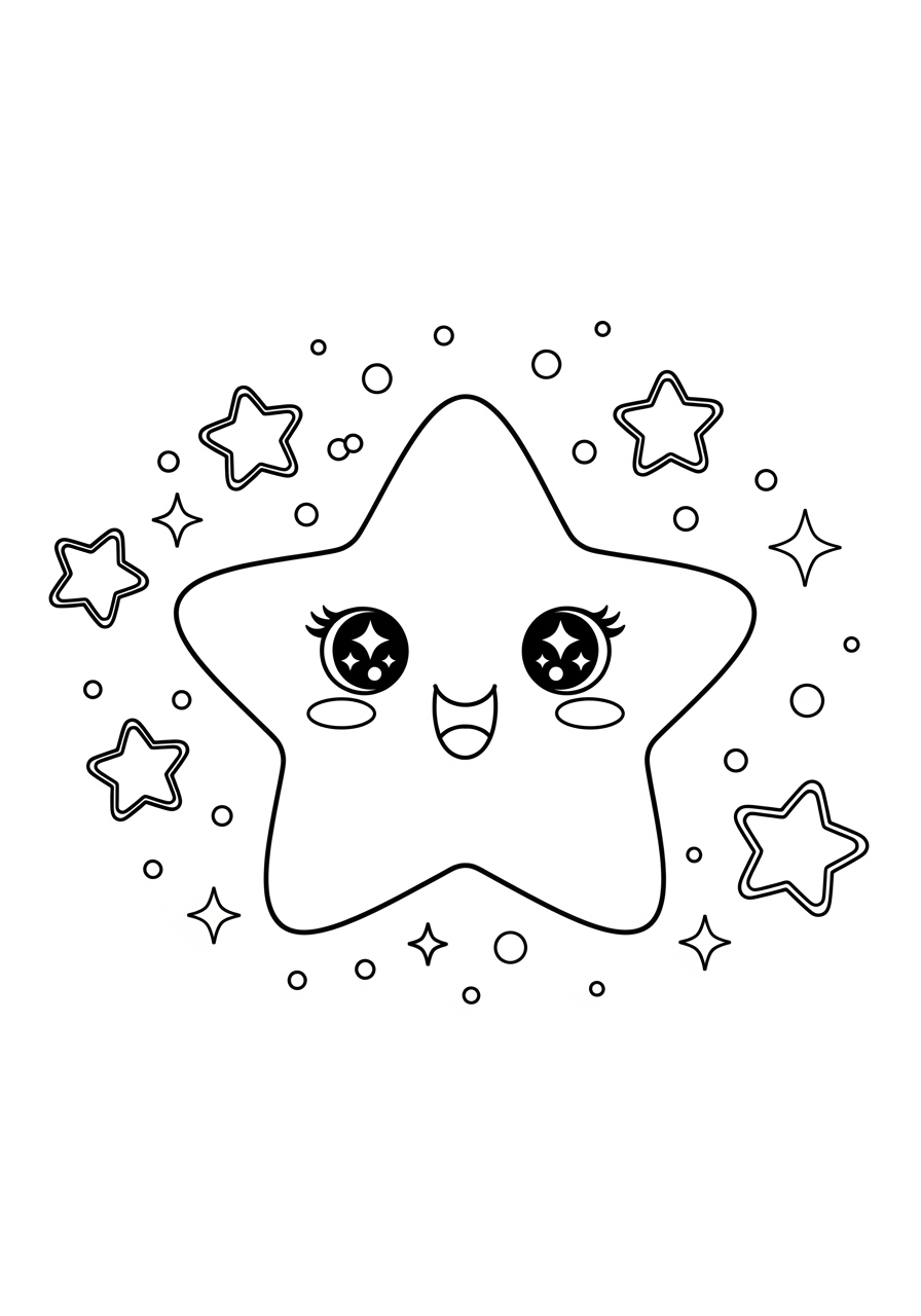 Desenho de Estrela Kawaii com estrelas menores ao redor