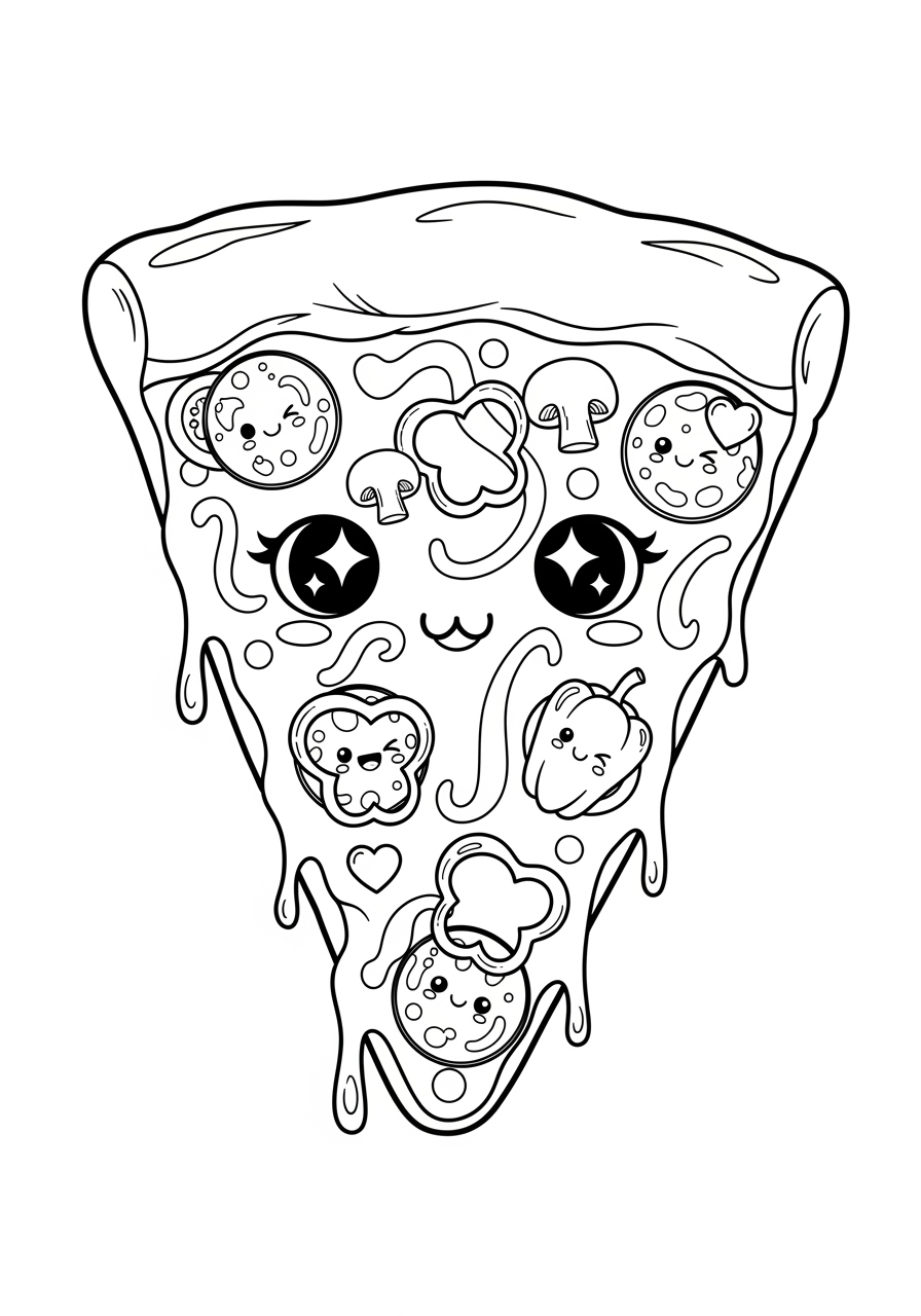 Desenho de pizza kawaii com rostinho e ingredientes divertidos