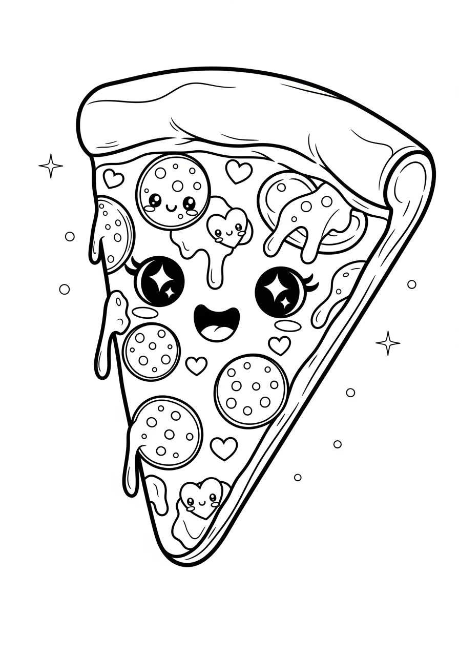 Desenho de Pizza kawaii com olhos sorridentes para colorir
