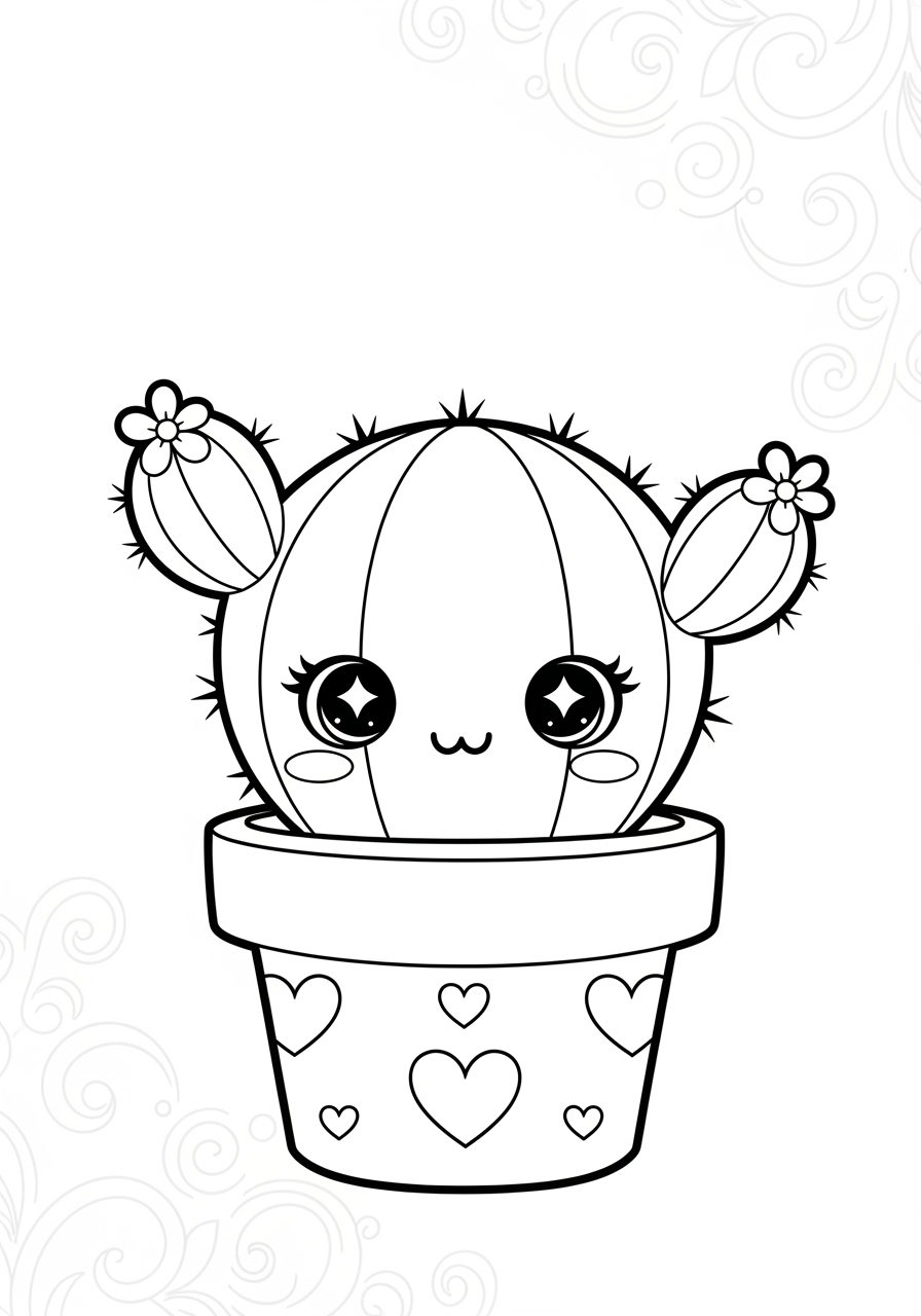 Desenho de Cacto Kawaii em vaso com corações