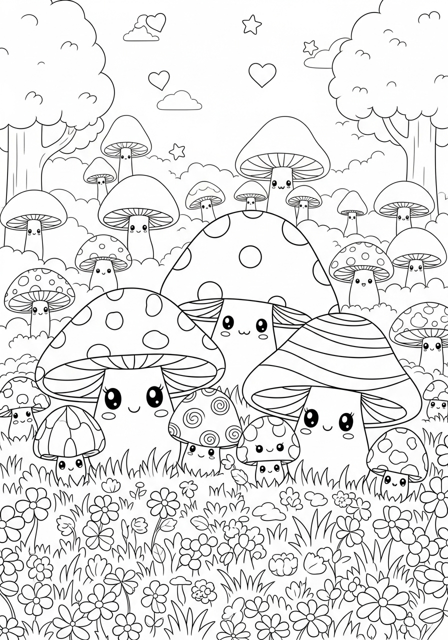 Desenho de cogumelos coloridos em um campo florido