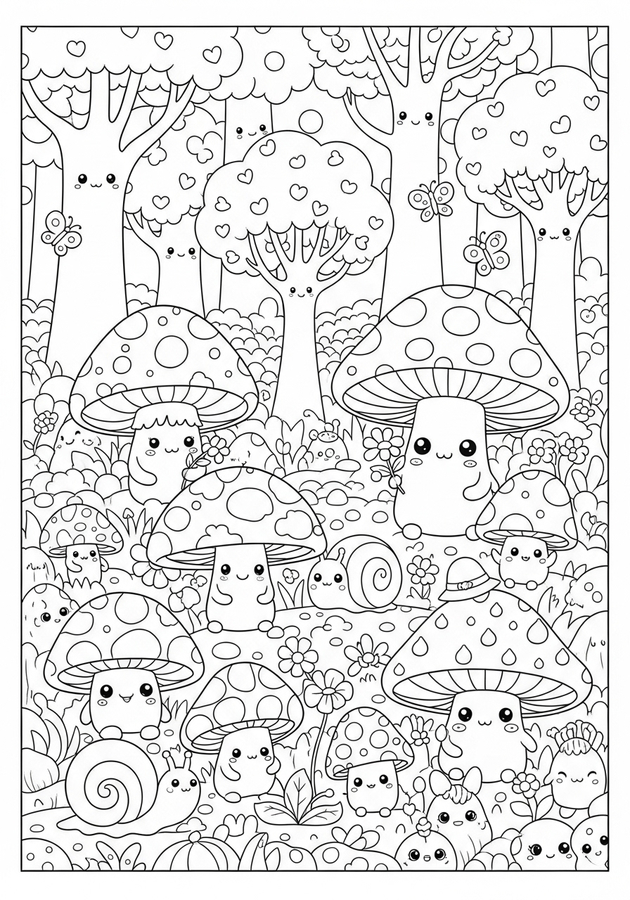 Desenho de Cogumelos e animais em um bosque encantado