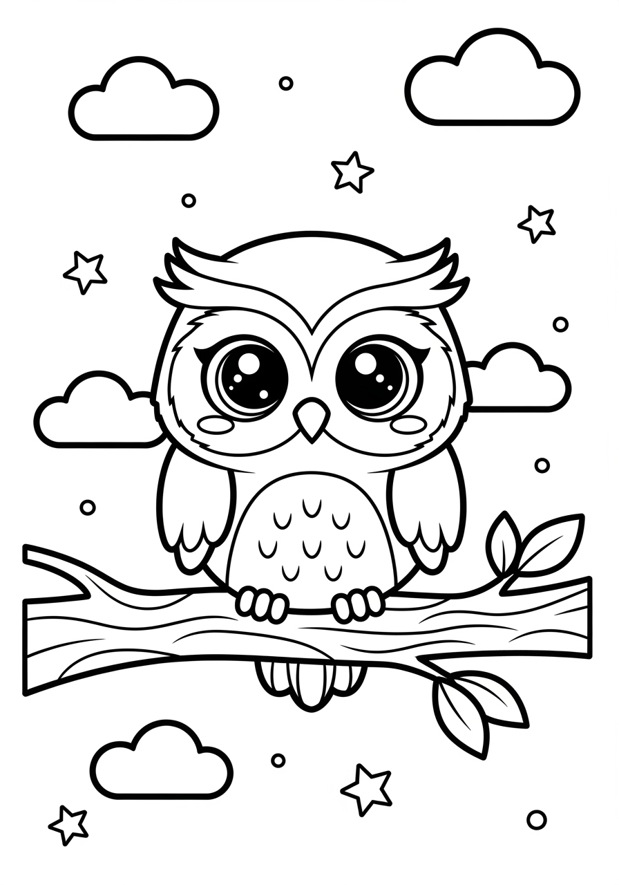 Desenho de Coruja fofa em uma árvore com nuvens