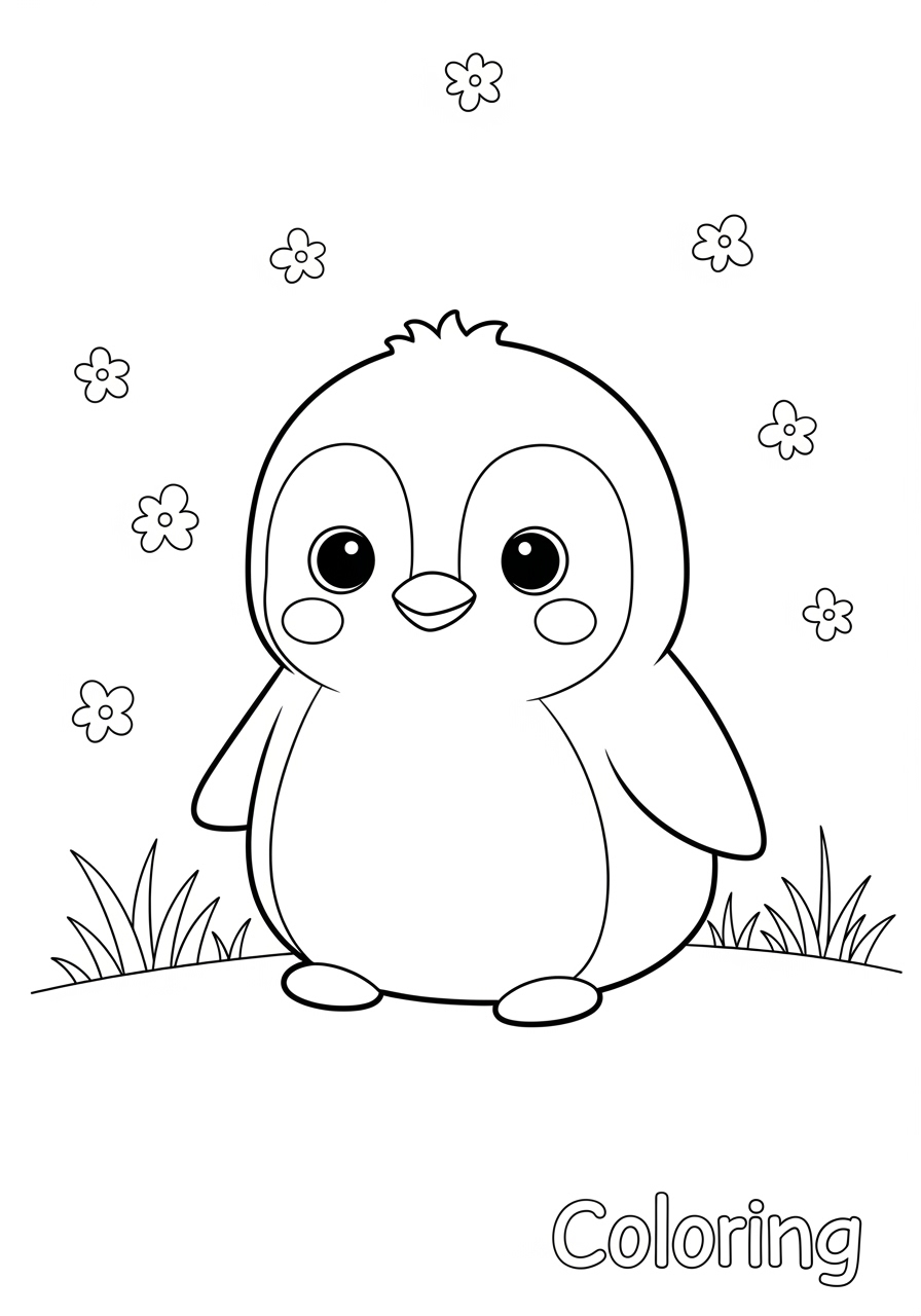 Desenho de Pinguim com flores e grama para colorir