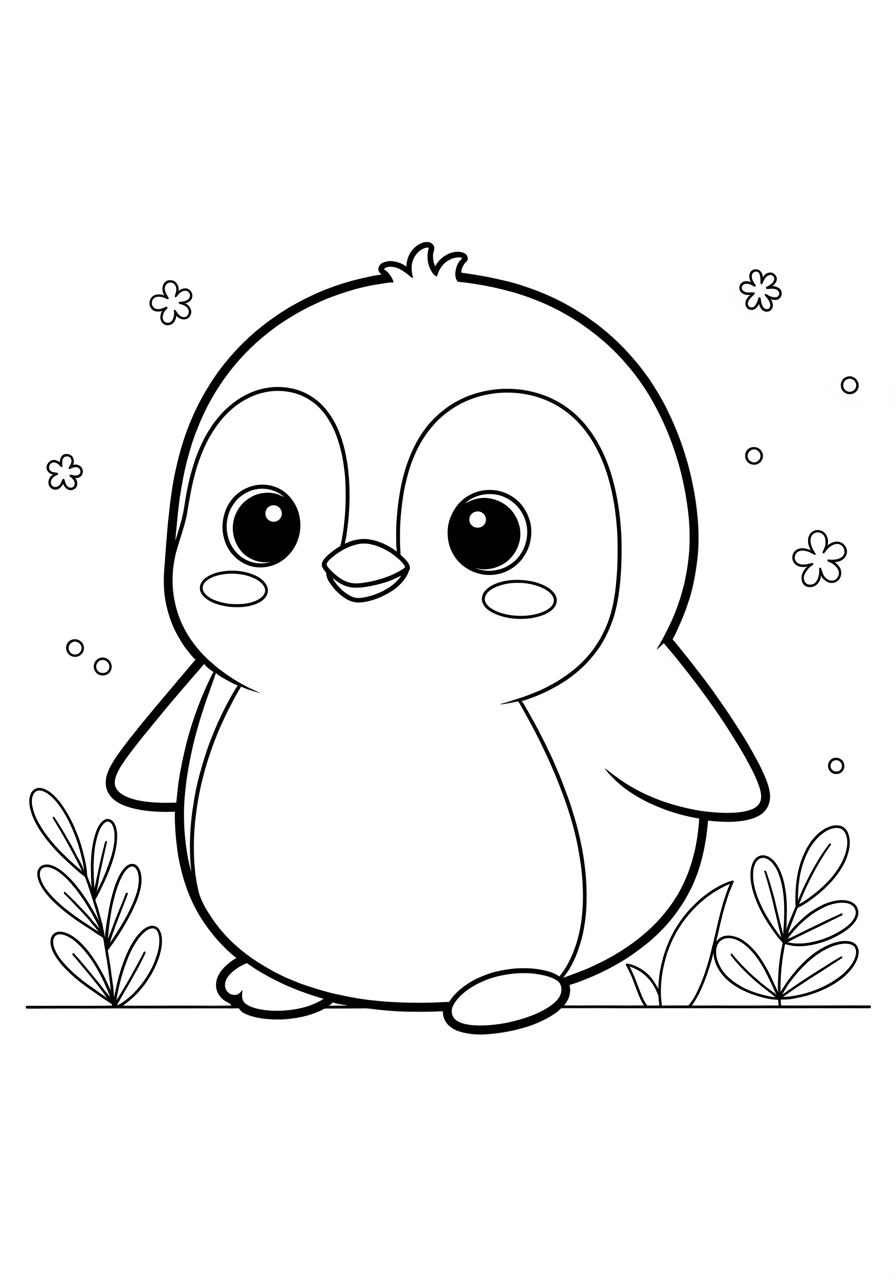 Desenho de Pinguim fofo rodeado de flores e folhas