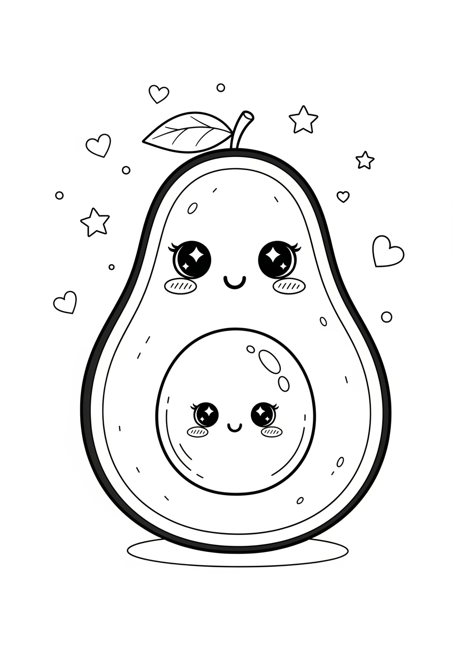 Desenho de Abacate kawaii com rostos felizes e estrelas