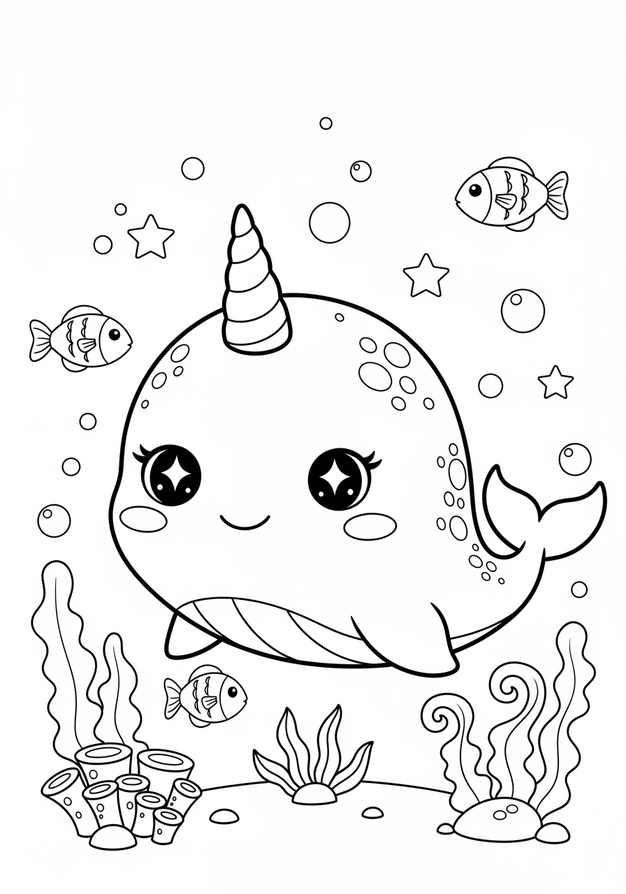Desenho de Narval sorridente no fundo do mar