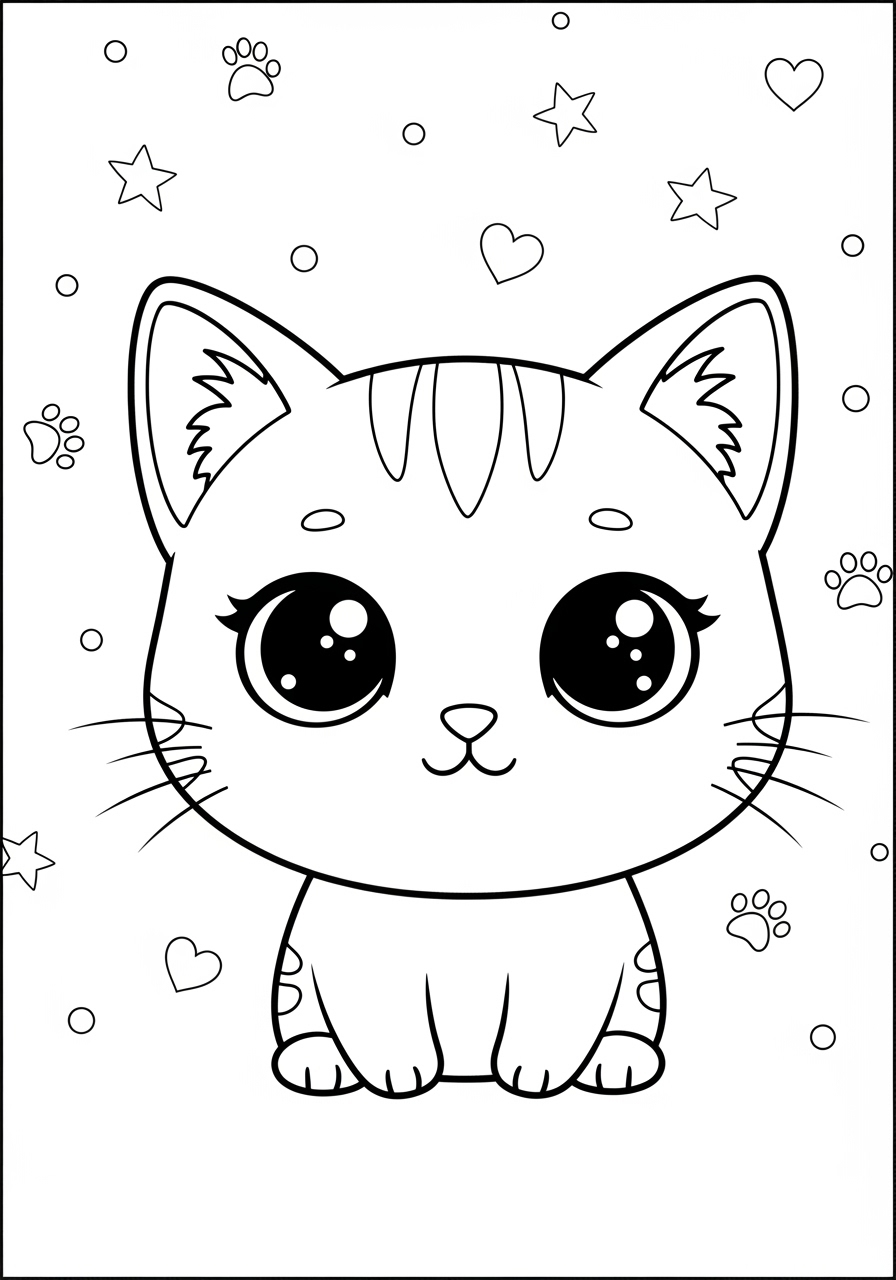 Desenho kawaii de gato fofo para colorir com estrelas e corações