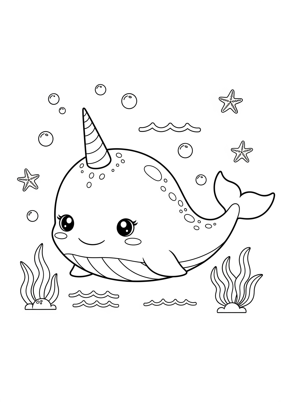 Desenho de Narval feliz no fundo do mar para colorir