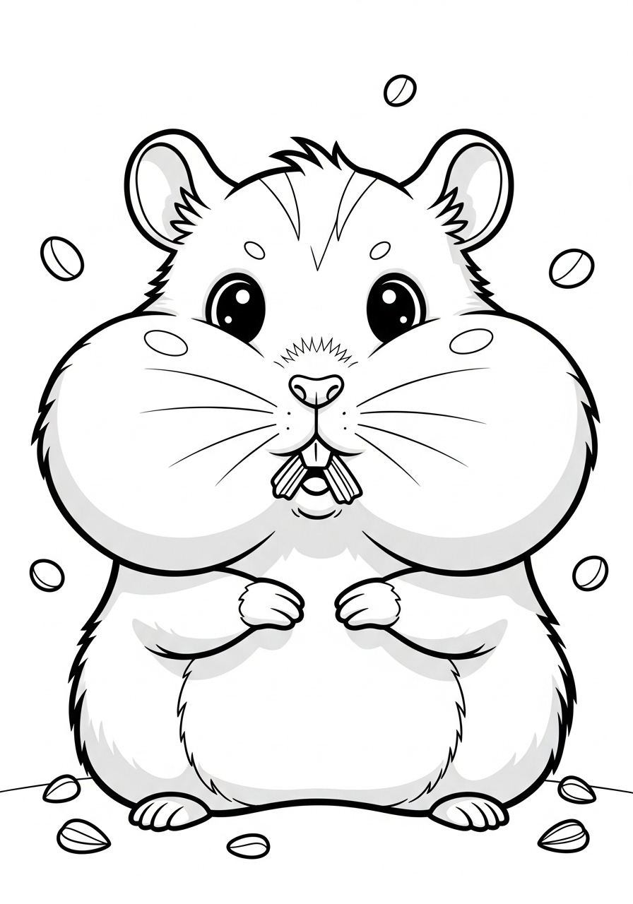 Desenho de Hamster fofo segurando comida para colorir