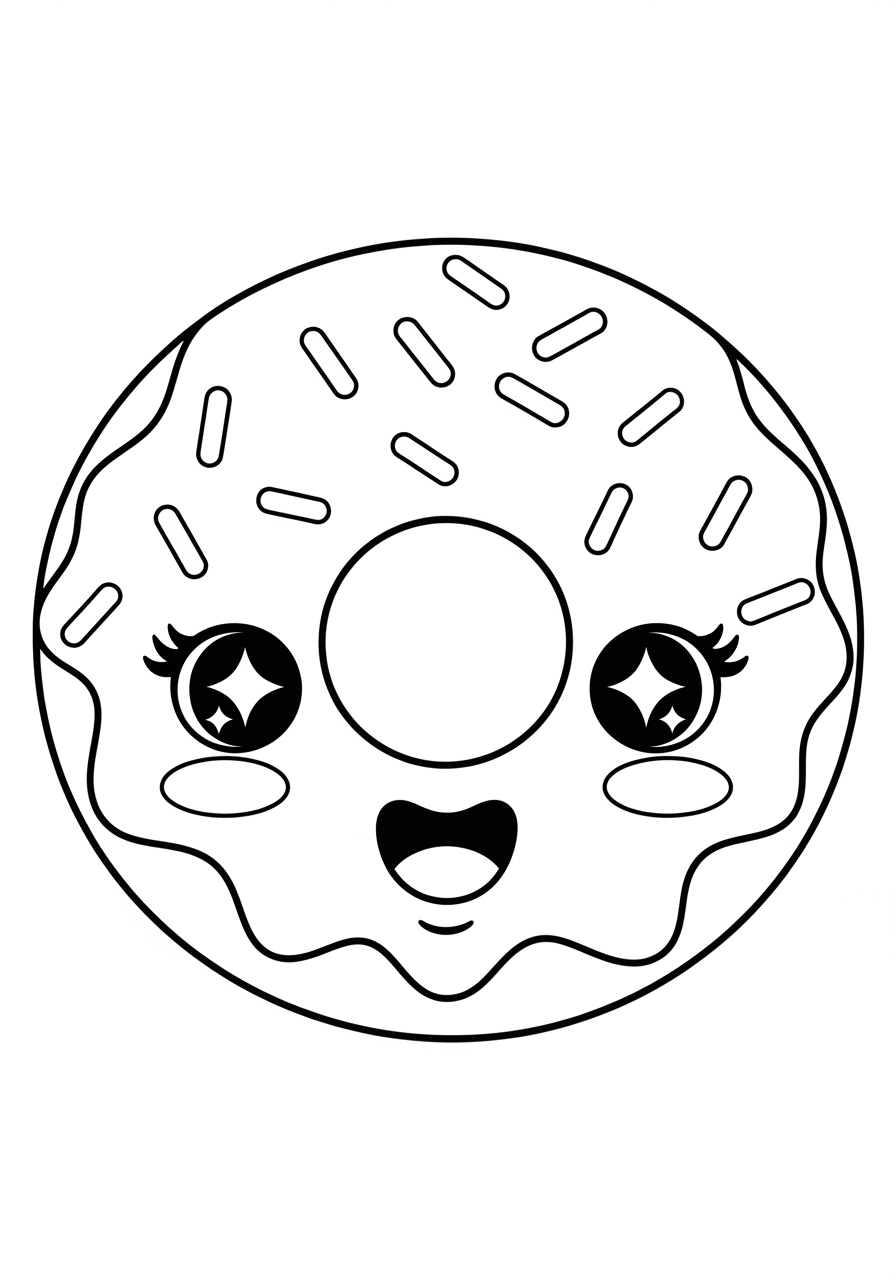 Desenho kawaii de donut com olhos brilhantes para colorir