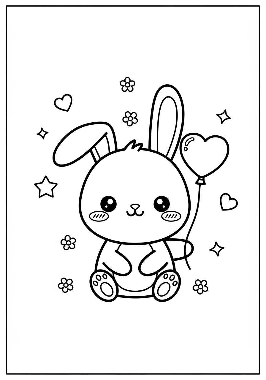 Desenho de Coelhinho fofinho com balão e flores