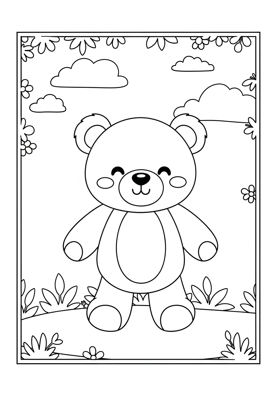 Desenho de Urso Kawaii sorridente em um campo