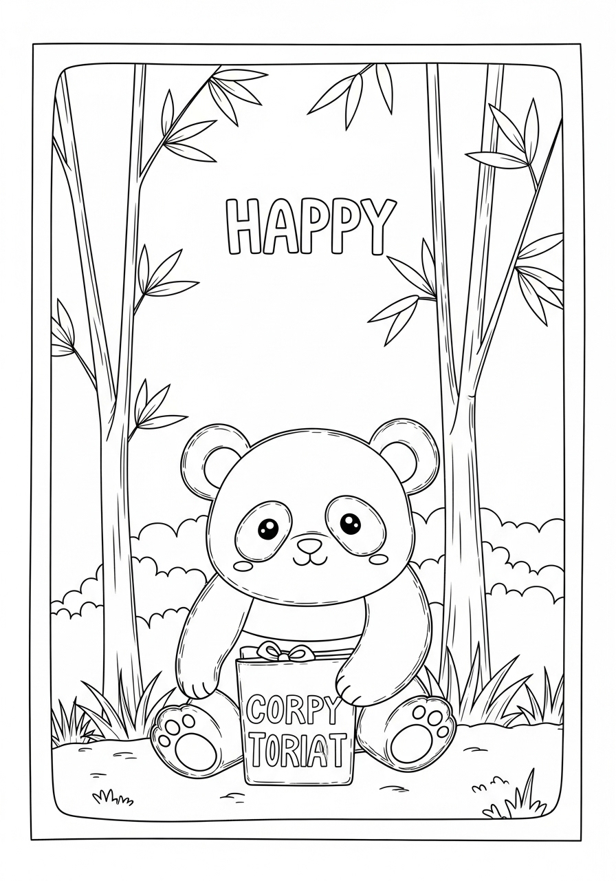 Desenho de panda sentado com jarro rodeado de bambus