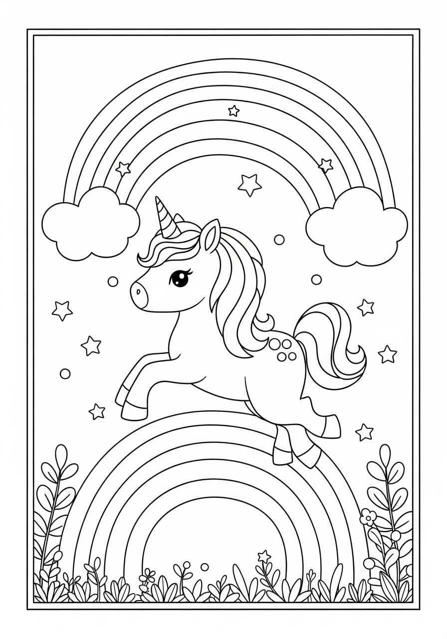 Desenho de Unicórnio em meio a arco-íris e nuvens